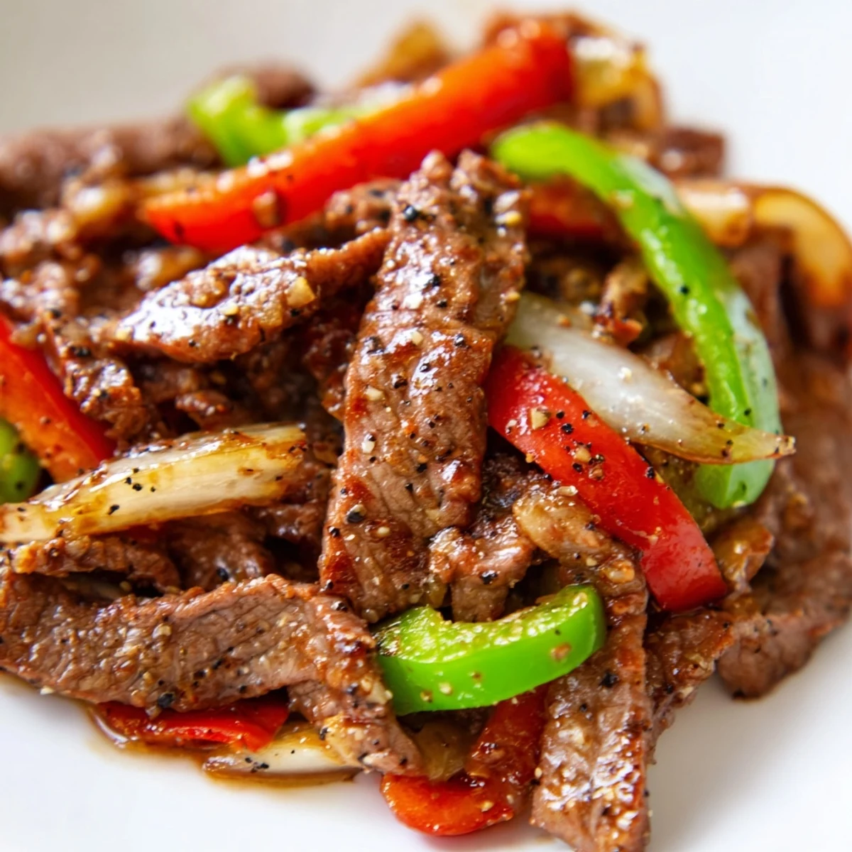 Sizzling Chinese Pepper Steak With Onions served over fluffy white rice, ready for dinner.