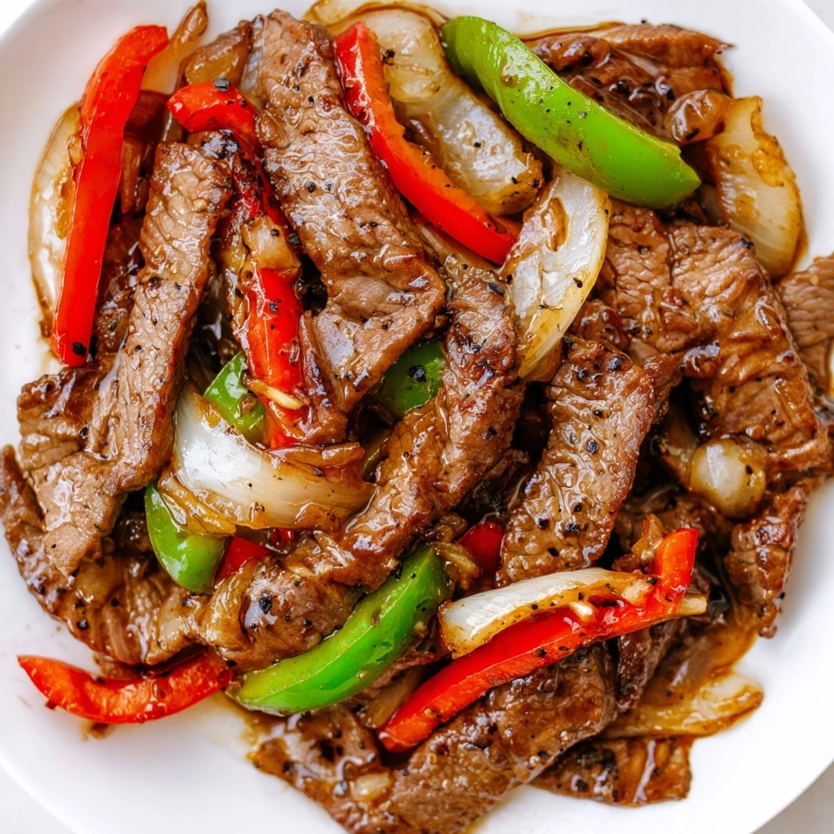 Sizzling Chinese Pepper Steak With Onions glistening with savory sauce and tender beef slices.