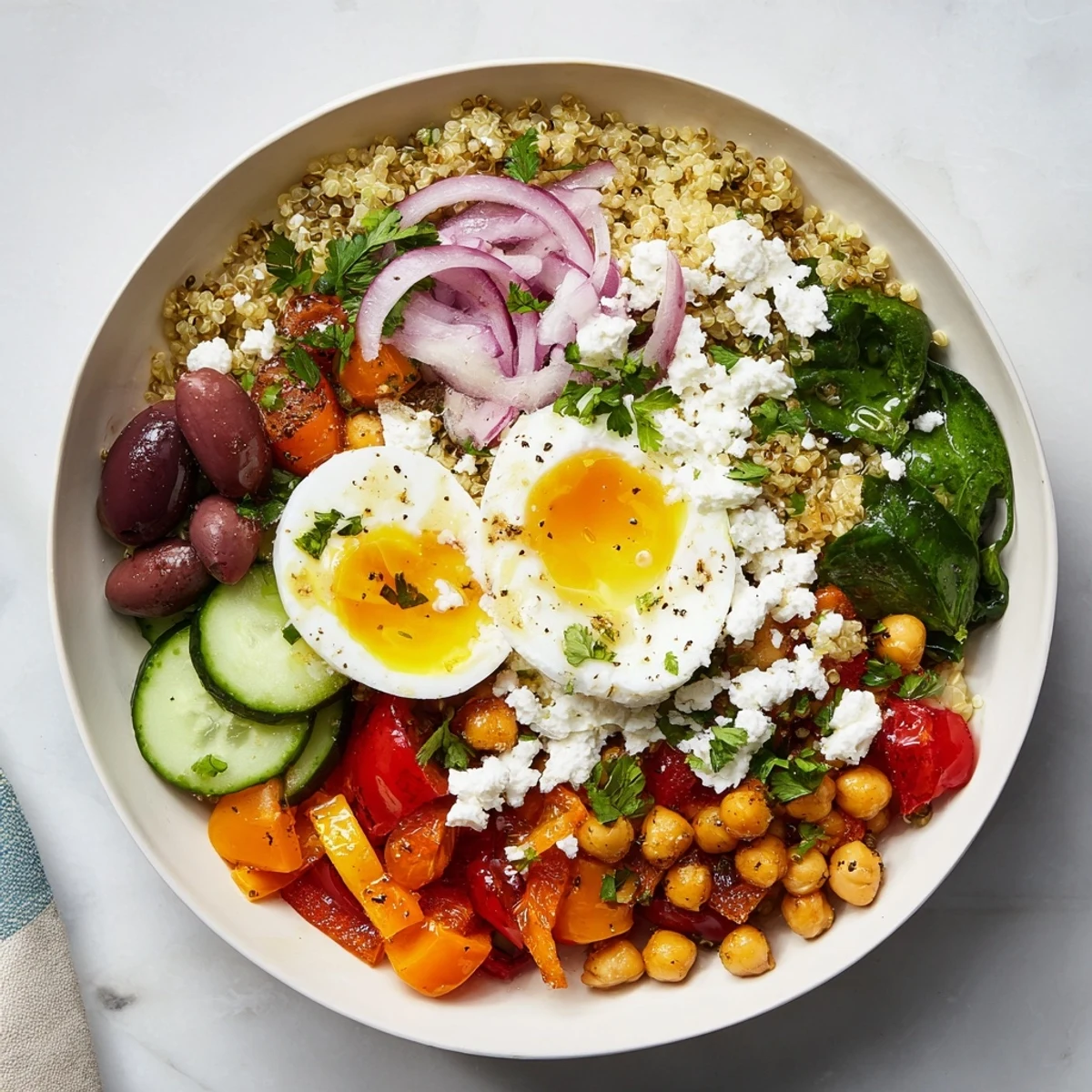 Four vibrant High Protein Mediterranean Breakfast Bowls display a colorful array of fresh diced cucumbers, halved cherry tomatoes, and creamy feta over quinoa, with jammy boiled egg halves and kalamata olives.