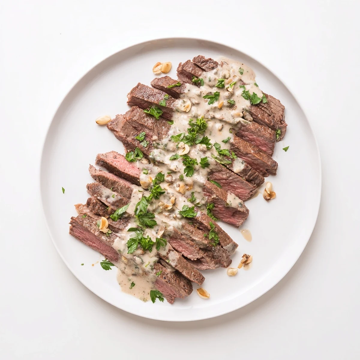 Golden roasted garlic bulbs sit beside this Flank Steak With Roasted Garlic Sauce on a rustic platter.