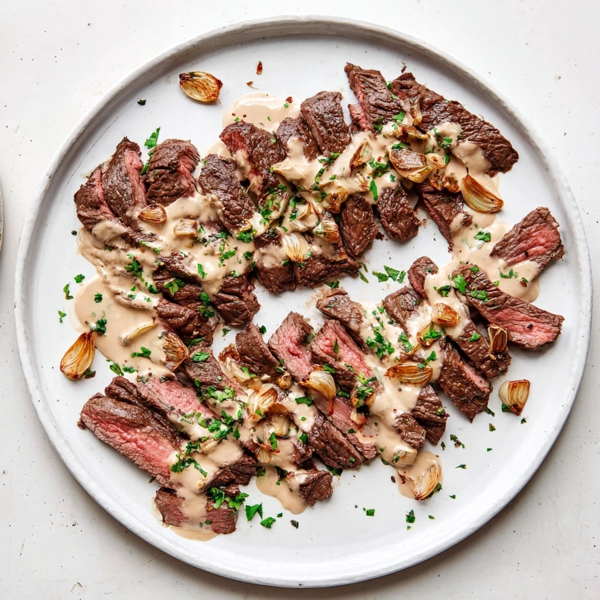 Tender Flank Steak With Roasted Garlic Sauce garnished with fresh parsley and served with roasted potatoes.