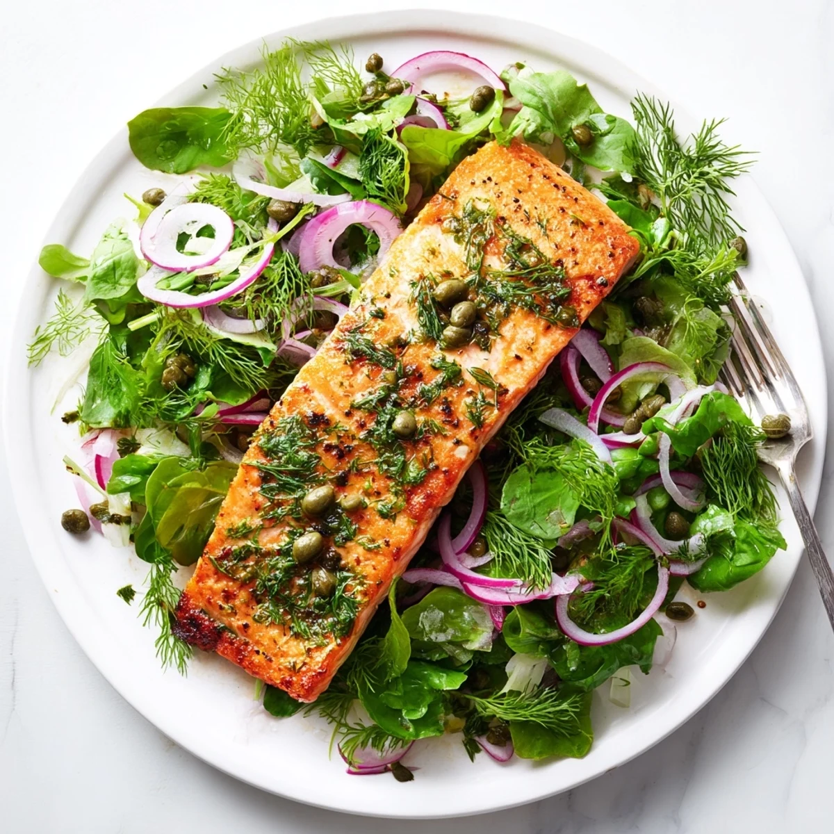 Perfectly seared Tasmanian Atlantic salmon with crackling crisp skin served over mixed greens for a quick, elegant dinner.