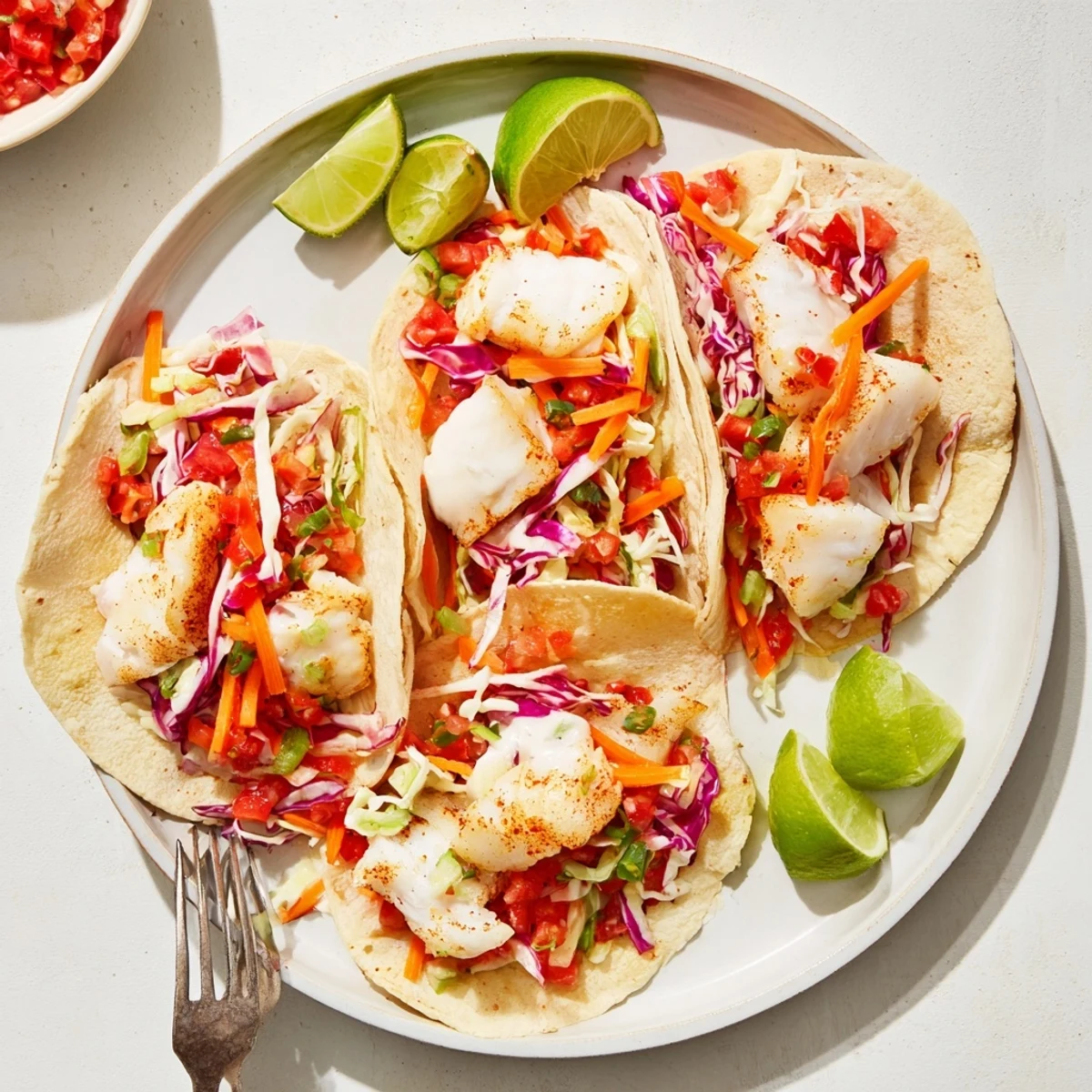 Freshly grilled Barramundi Tacos piled high with crunchy rainbow slaw and homemade salsa on warm corn tortillas.