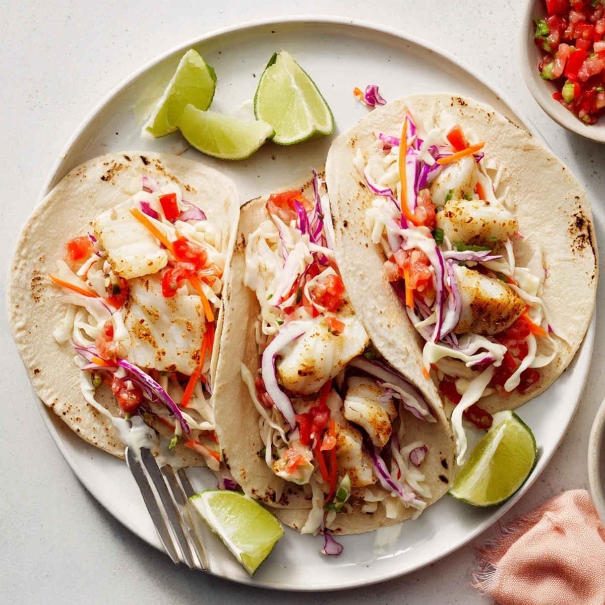 Golden pan-seared Barramundi Tacos served with lime wedges, rainbow slaw, and vibrant pico de gallo salsa.