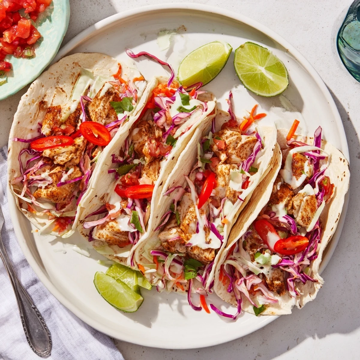 Flaky seasoned barramundi nestled in soft tortillas topped with colorful slaw and zesty salsa for taco night.