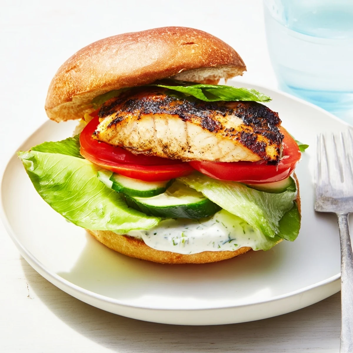 Grilled barramundi fillet sits on a toasted brioche bun with smoky cos lettuce and creamy tartare sauce, ready to serve.