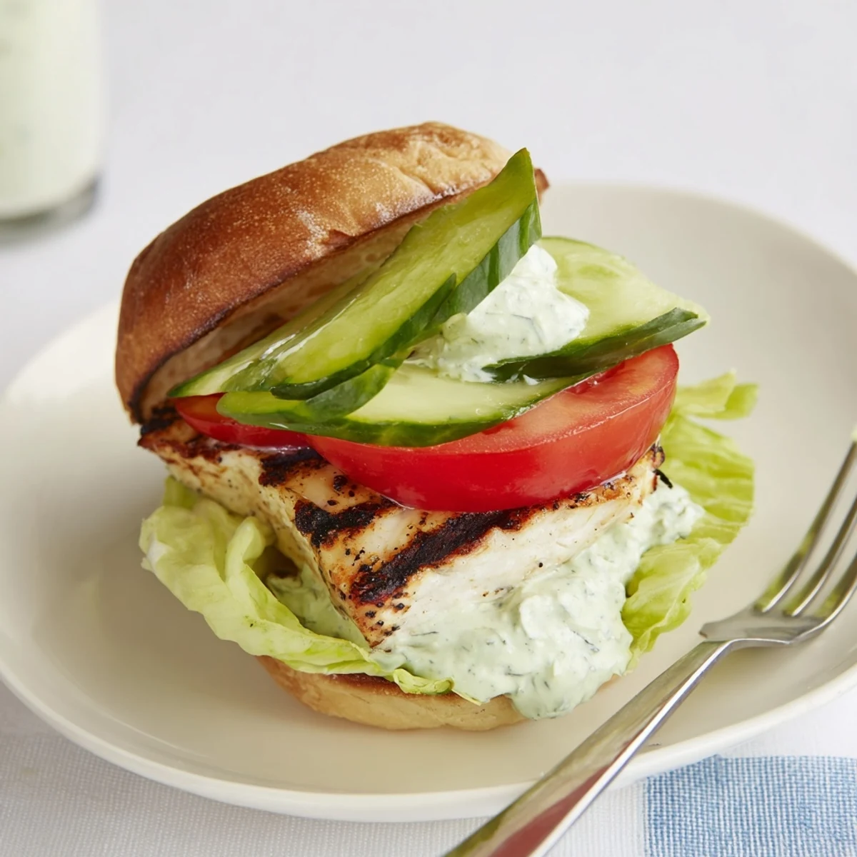 Assembled BBQ Barramundi Burger showing flaky fish, grilled cos lettuce, and a dollop of bright green tartare for a fresh bite.