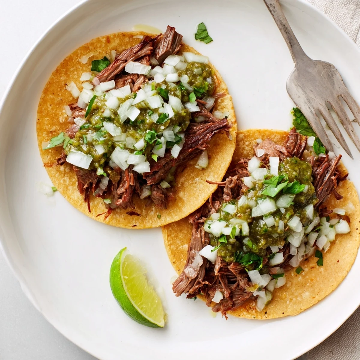 Golden shredded beef cheek meat sits in warm corn tortillas, garnished with fresh cilantro and diced white onion for a classic street taco look. 