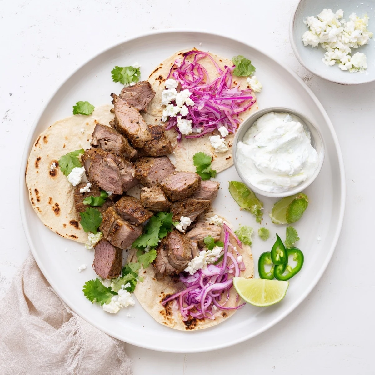 A warm platter of Cumin Crusted Leg of Lamb with Tacos showcasing tender, spiced meat and fresh toppings.