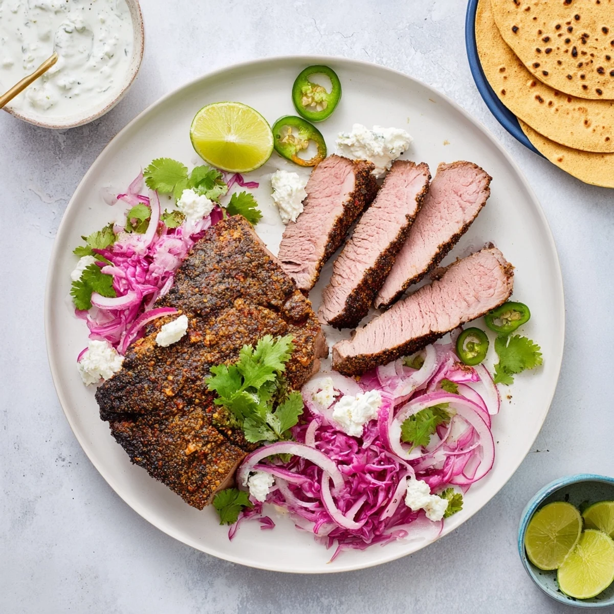 The Cumin Crusted Leg of Lamb with Tacos is sliced thin, revealing juicy, aromatic interior for serving.