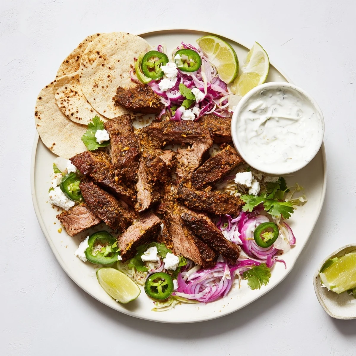 For a fusion meal, the Cumin Crusted Leg of Lamb with Tacos is plated with lime wedges and cilantro.