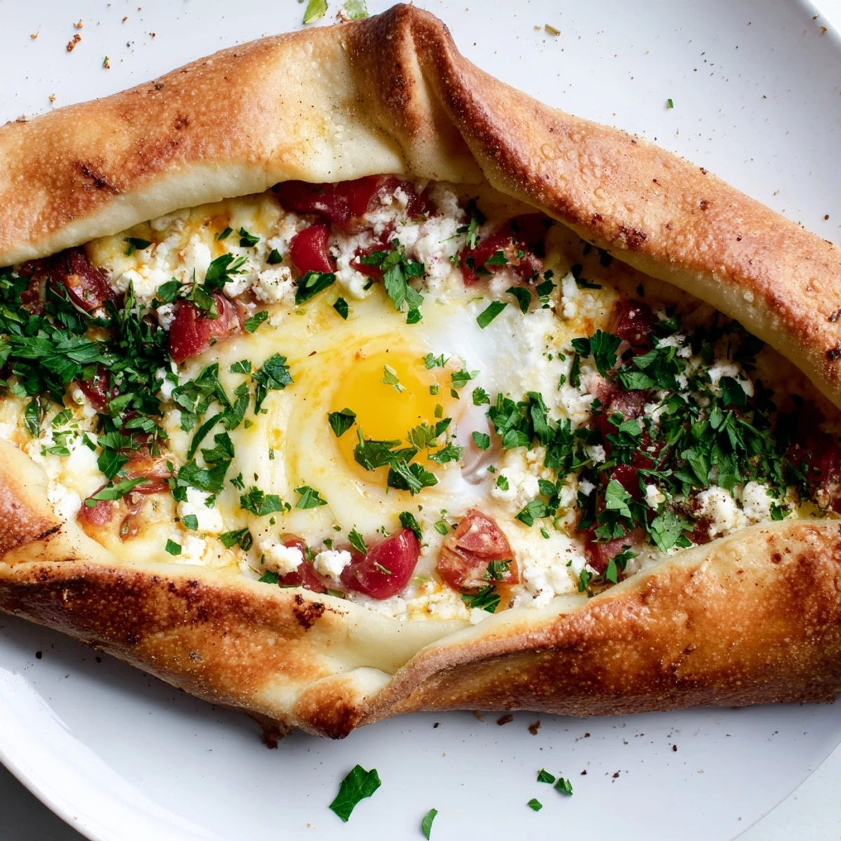 Golden-brown Turkish Pide with Egg, Tomato, and Cheese sits on a wooden board, featuring melted cheese and a runny yolk.