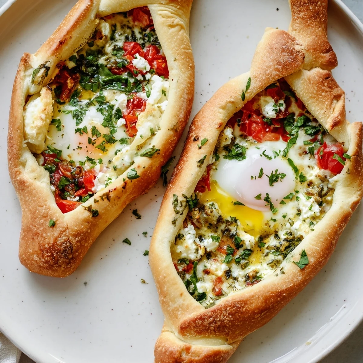 A close-up of Turkish Pide with Egg, Tomato, and Cheese reveals gooey mozzarella, crumbled feta, and fresh parsley garnish.