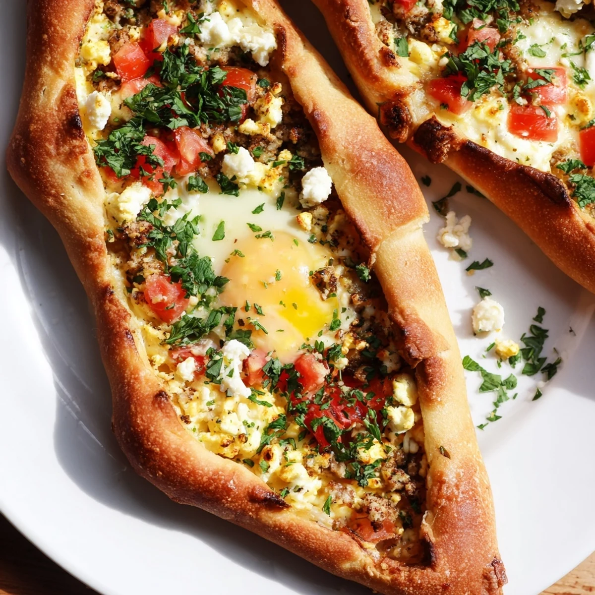 Sliced portions of Turkish Pide with Egg, Tomato, and Cheese are served warm alongside a vibrant salad for dinner.
