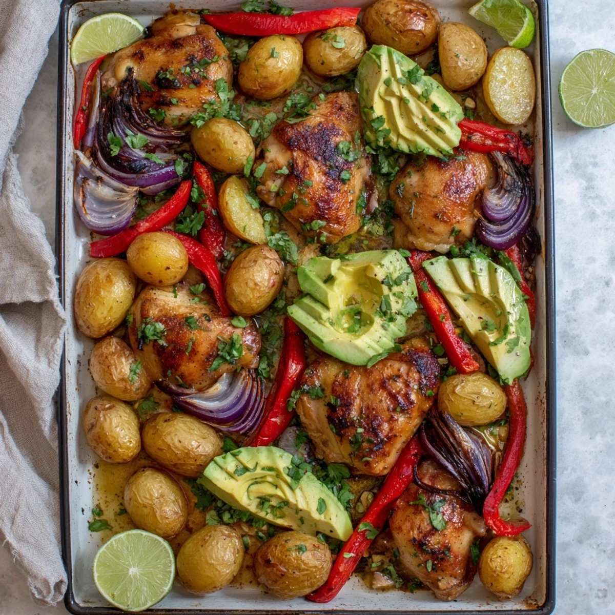 Juicy roasted chicken thighs and golden crispy potatoes from this Chicken Avocado and Crunchy Potato Tray Bake, topped with fresh avocado slices and vibrant red onion wedges.