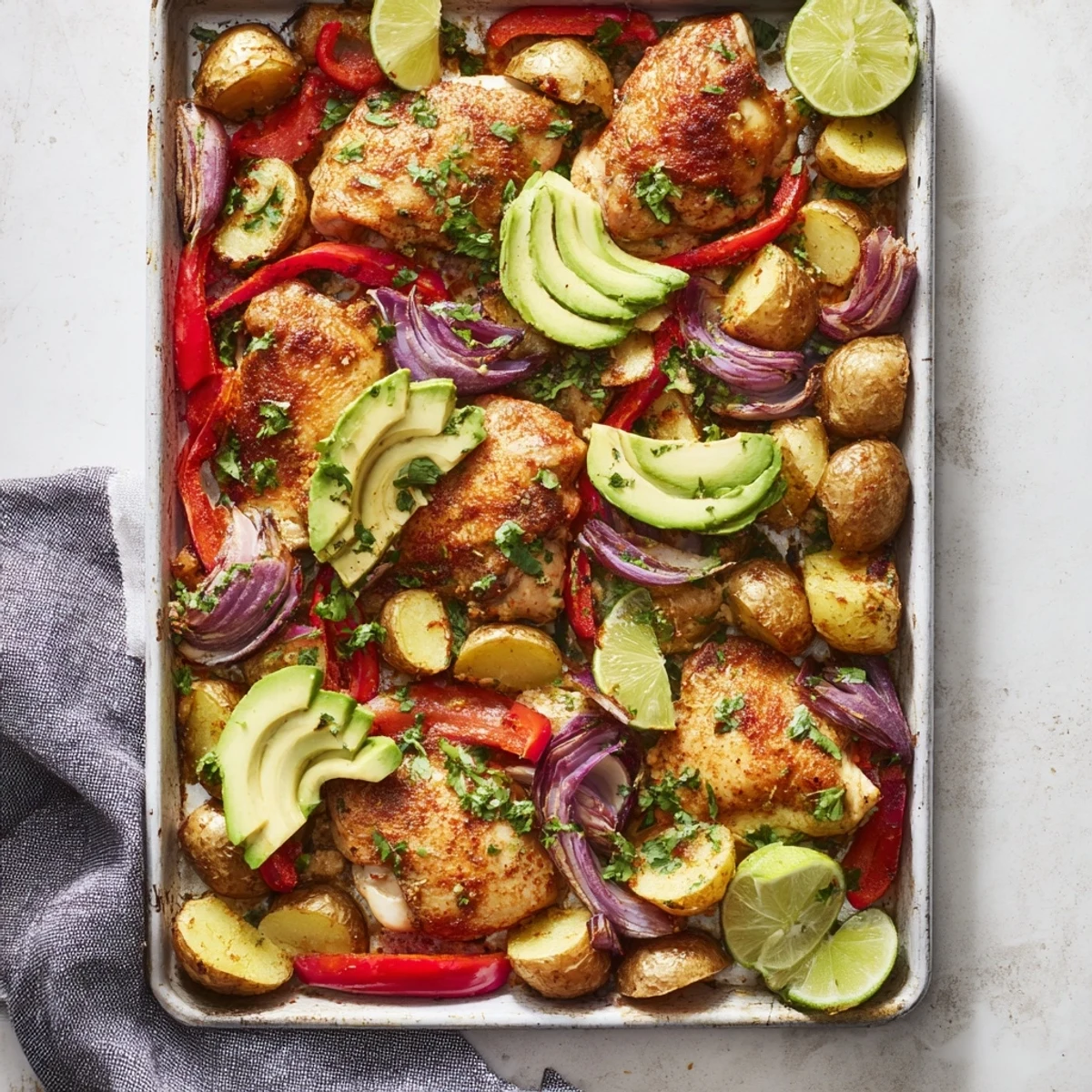 Colorful Chicken Avocado and Crunchy Potato Tray Bake featuring succulent chicken, creamy avocado, and roasted red bell pepper, arranged on a large tray for easy serving.