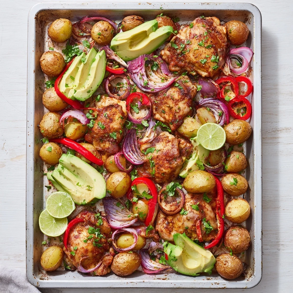 Savory one-pan Chicken Avocado and Crunchy Potato Tray Bake garnished with chopped parsley and lime wedges, served hot from the oven on a rustic baking sheet.