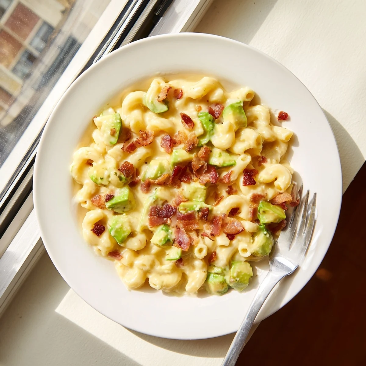 Steaming bowls of Avocado and Bacon Mac and Cheese featuring crispy bacon and creamy avocado chunks served as a main dish.