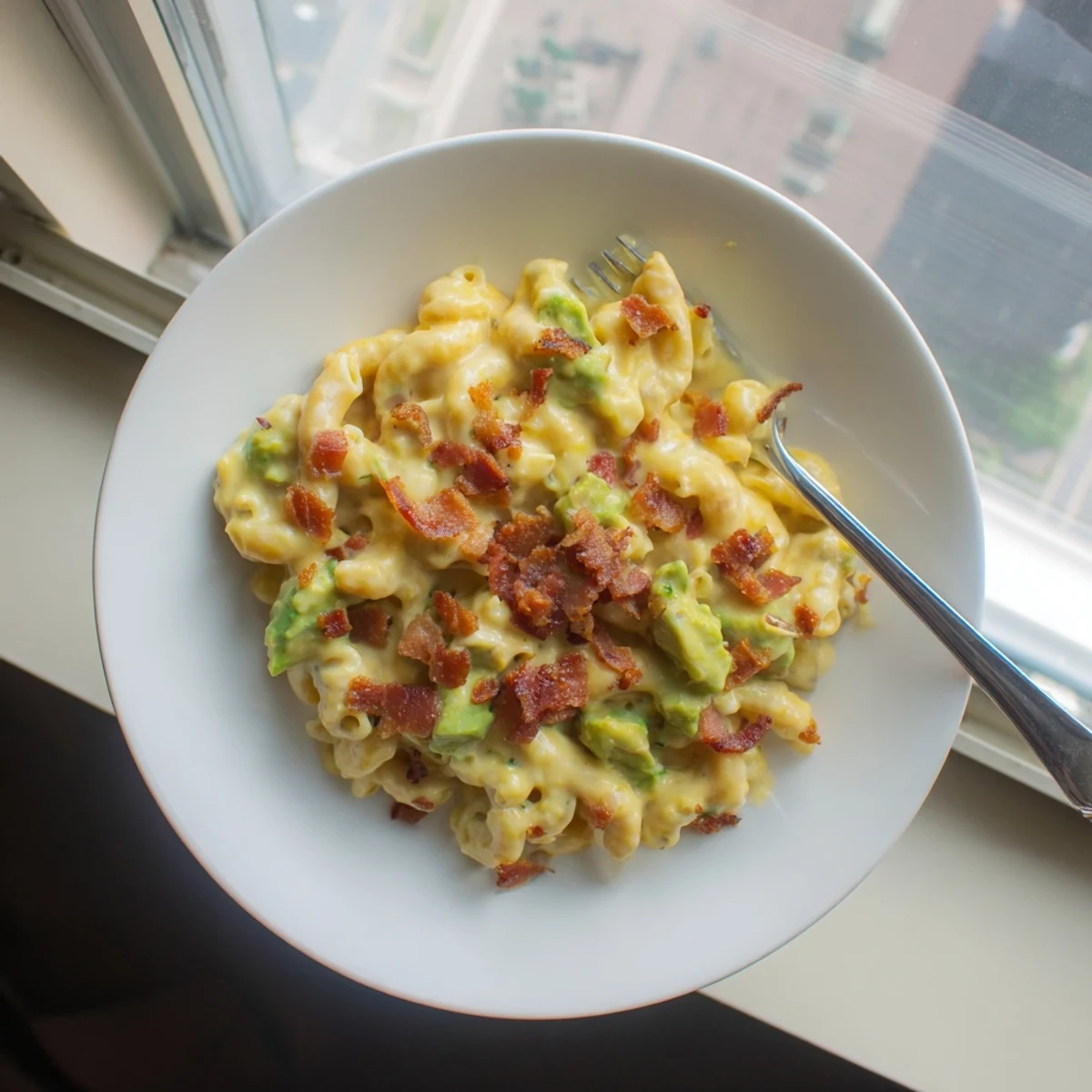 Freshly cooked Avocado and Bacon Mac and Cheese in a white bowl topped with chopped green chives and a wedge of lemon.
