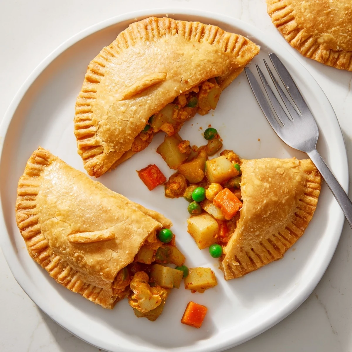 Golden-baked Tikka Masala Vegetarian Pies with flaky pastry and a side of cooling yogurt dip.