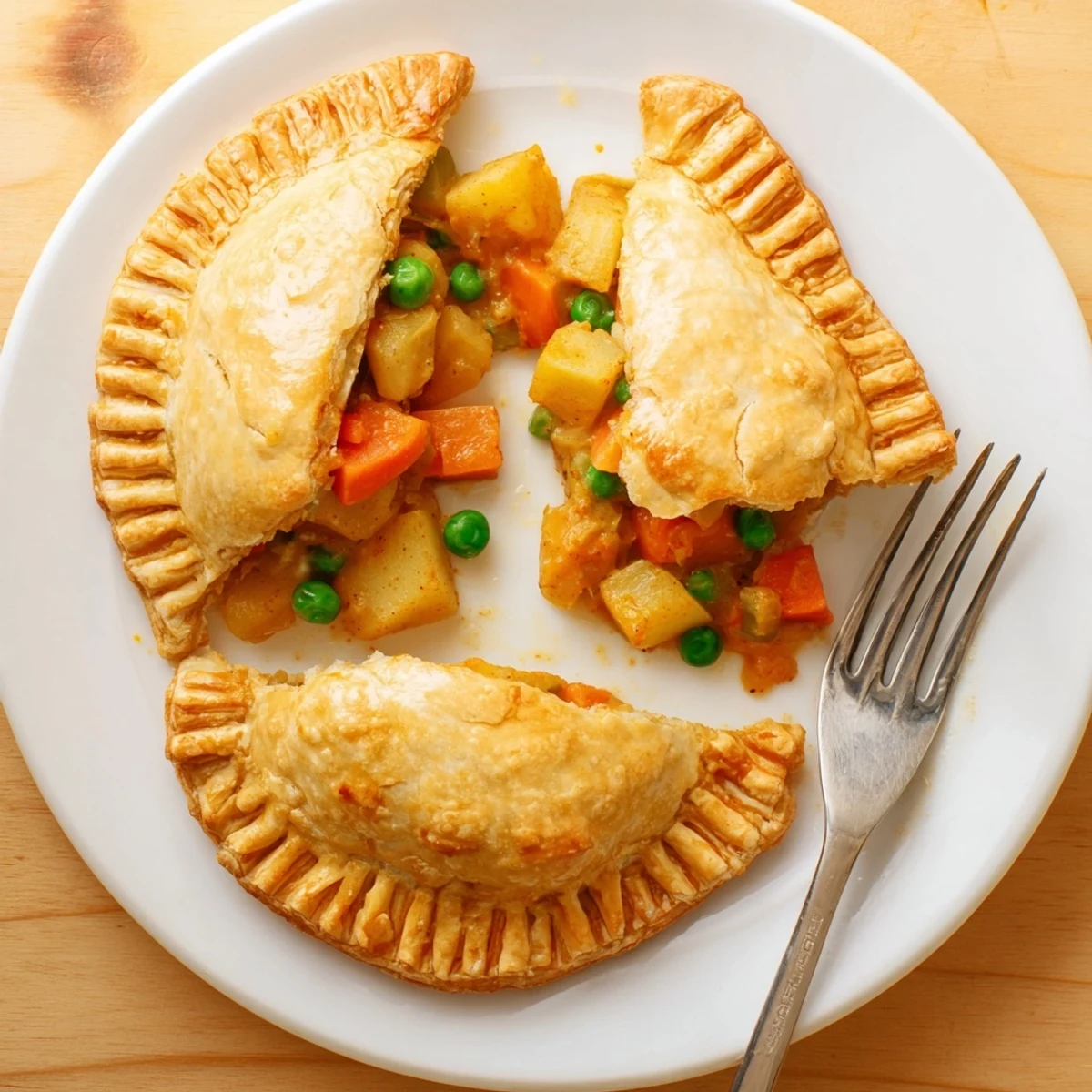 Freshly baked Tikka Masala Vegetarian Pies on a rustic wooden board next to mango chutney.