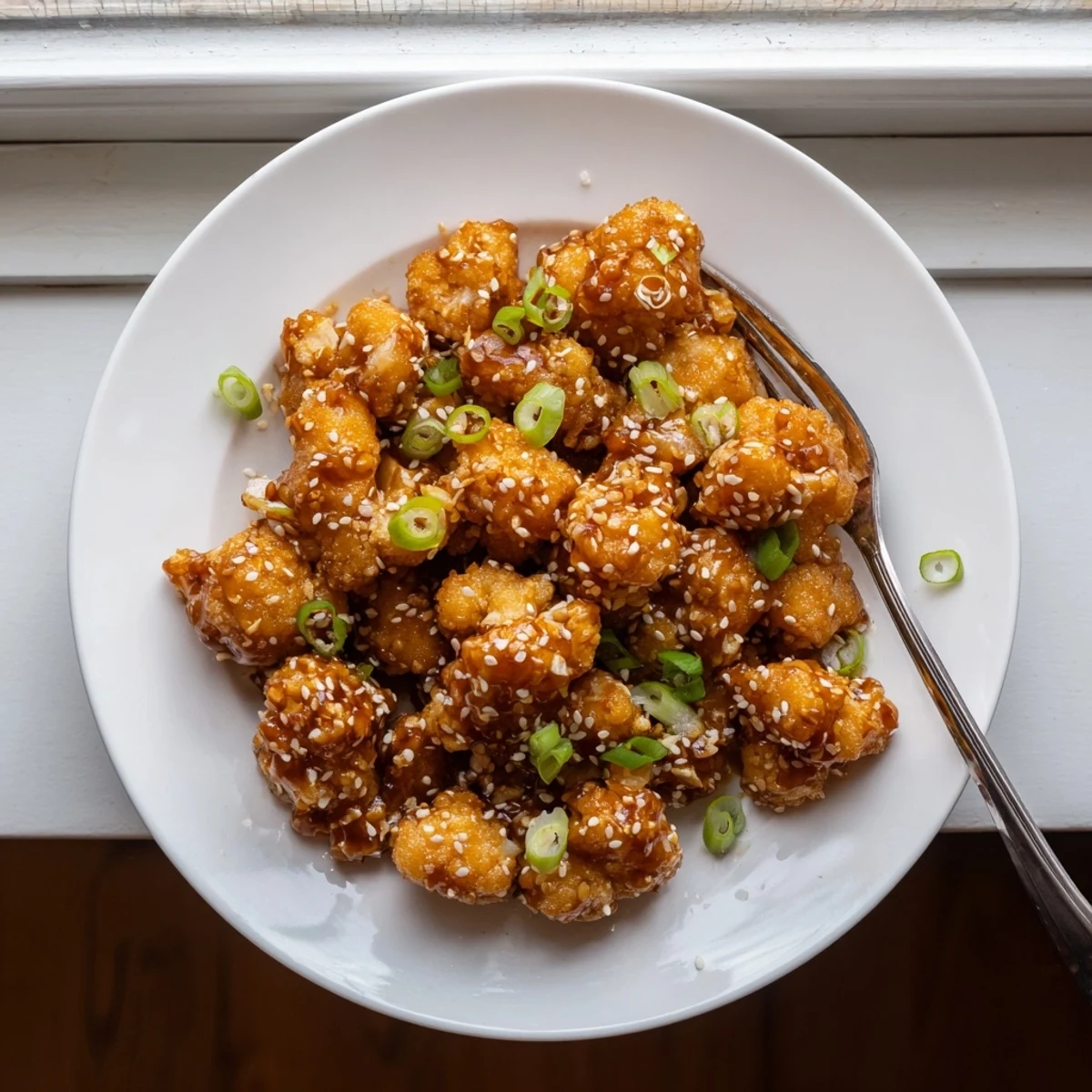 Golden-brown, crispy baked Sticky Honey Garlic Cauliflower florets coated in a glossy, sticky glaze on a white plate with sesame seeds.