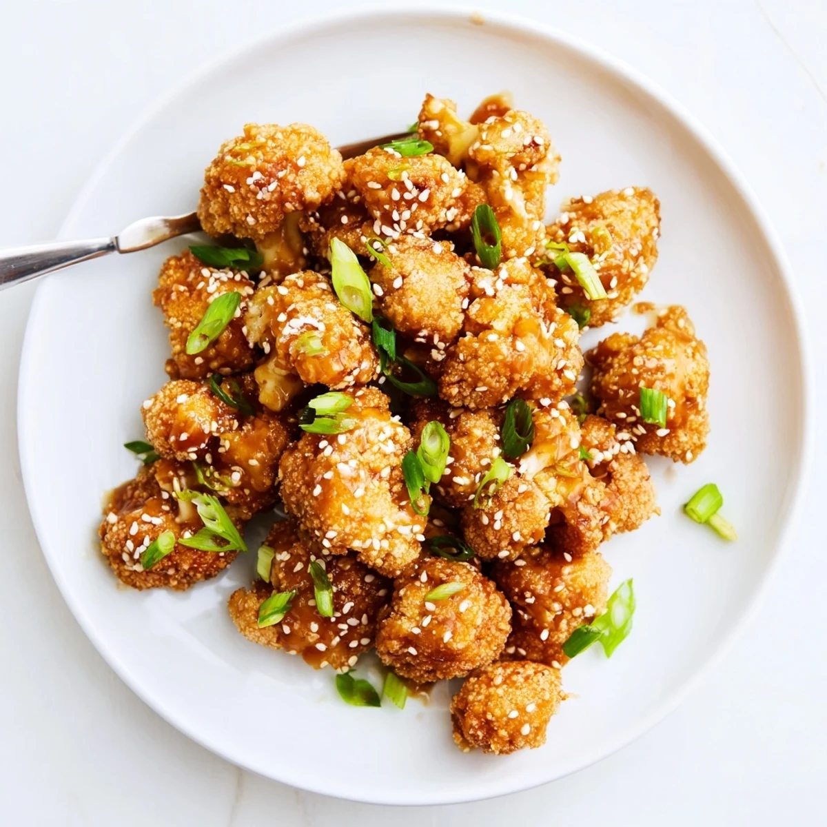 A close-up of Sticky Honey Garlic Cauliflower pieces glistening with sweet and savory sauce, garnished with fresh green onions.