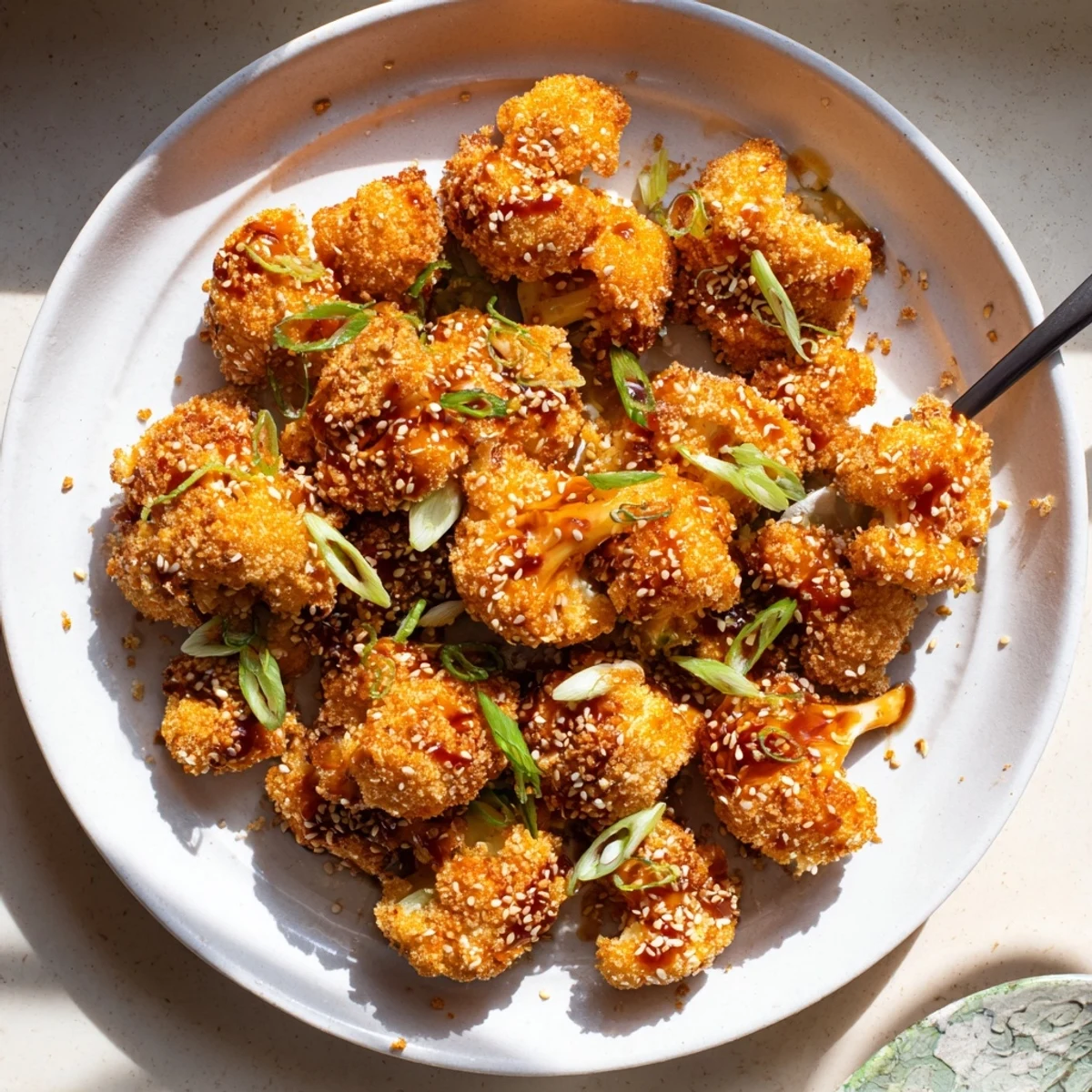 Oven-baked Sticky Honey Garlic Cauliflower served as an appetizer on a wooden board, drizzled with honey garlic sauce and sesame seeds.