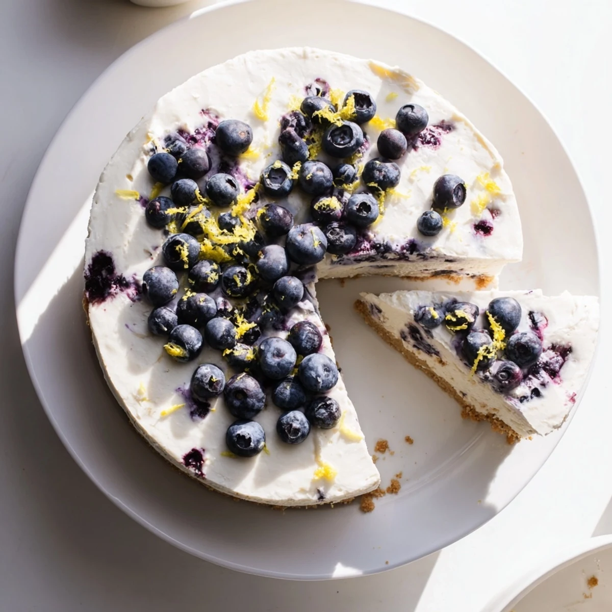 Summer dessert featuring no bake lemon blueberry cream cake with light fluffy cream and fresh fruit topping