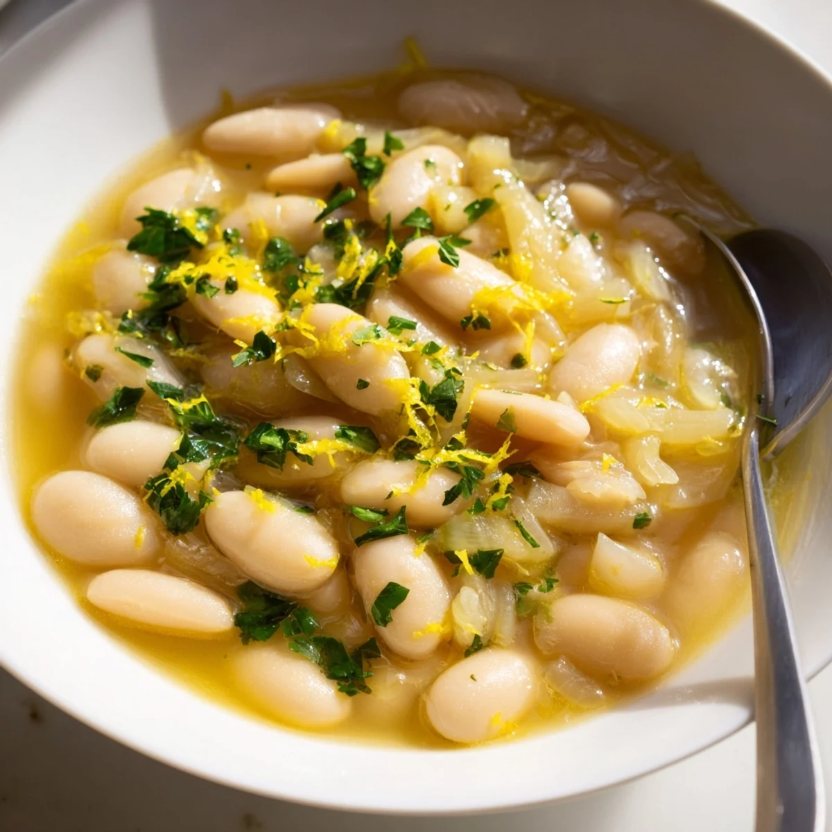 Steaming bowl of savory miso butter brothy beans with parsley sprinkled over rustic white ceramic