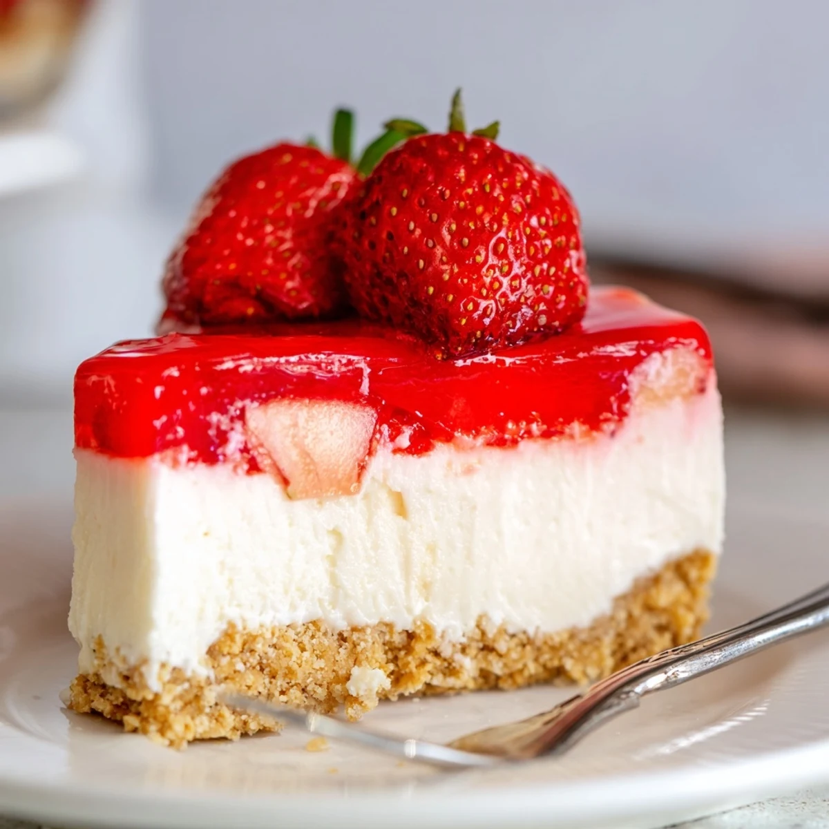 No bake Greek yogurt jello cheesecake wedge with glossy jello layer and buttery graham cracker base served on white plate