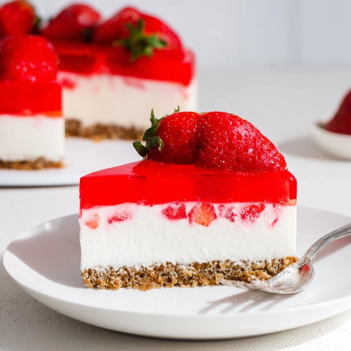 Square of no bake Greek yogurt jello cheesecake featuring translucent fruit gelatin topping over smooth Greek yogurt cream cheese filling