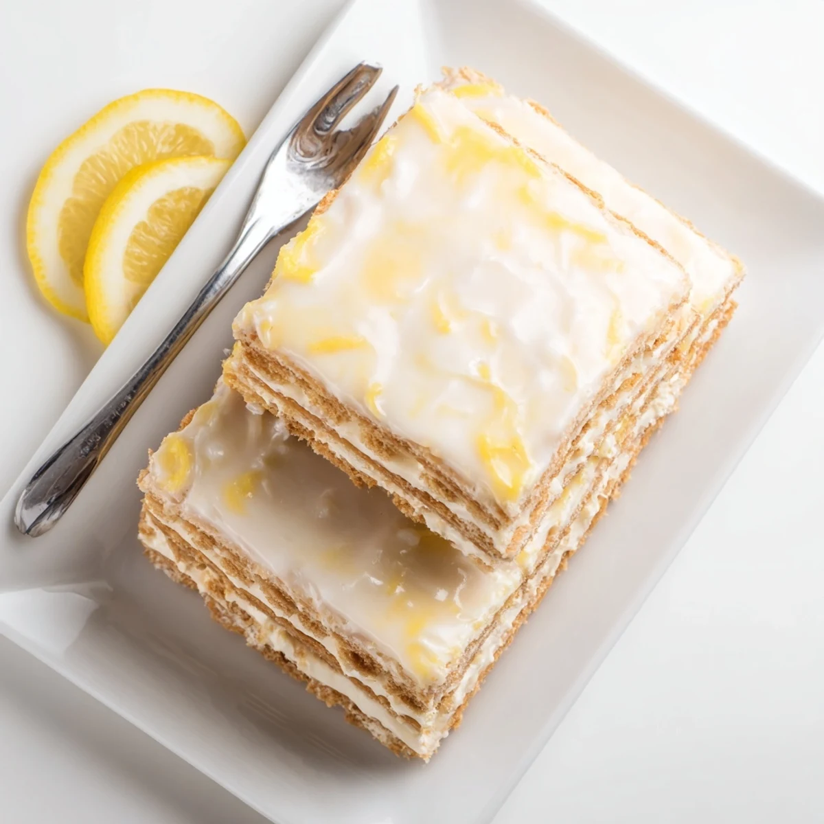 Golden no bake lemon eclair cake displaying creamy layers between honey graham crackers