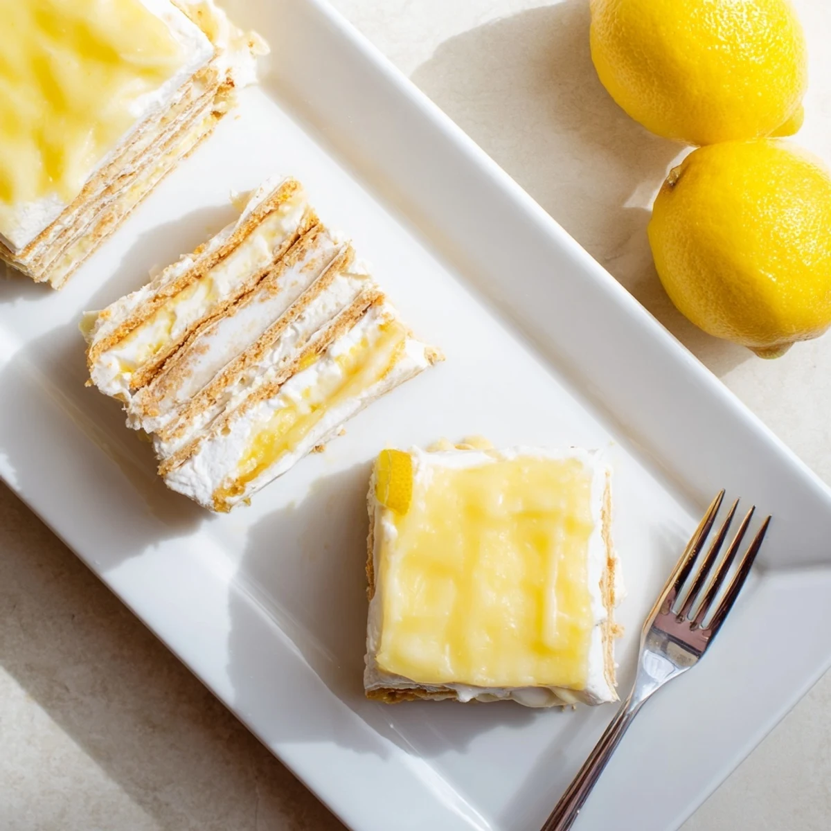 Sliced square of chilled no bake lemon eclair cake topped with silky glaze