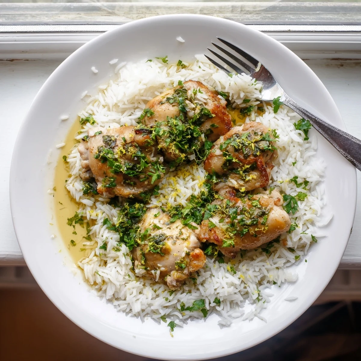 Tender slow cooker lemon herb chicken thighs served over a bed of fluffy white rice