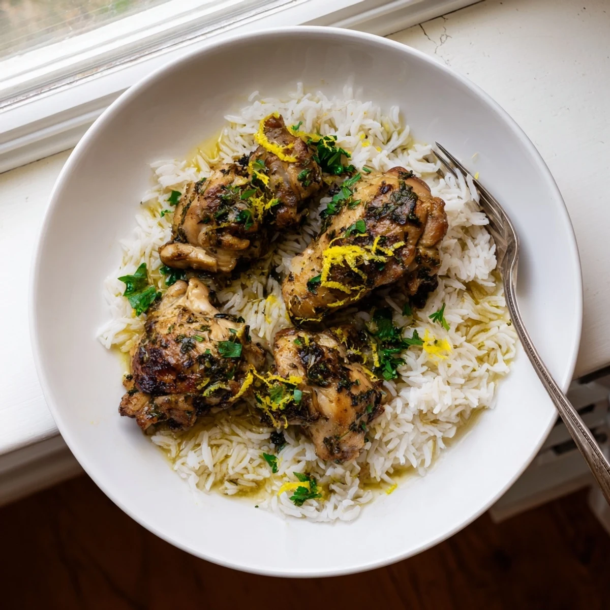 Golden brown chicken pieces slow cooked with bright lemon and aromatic herbs atop steaming rice
