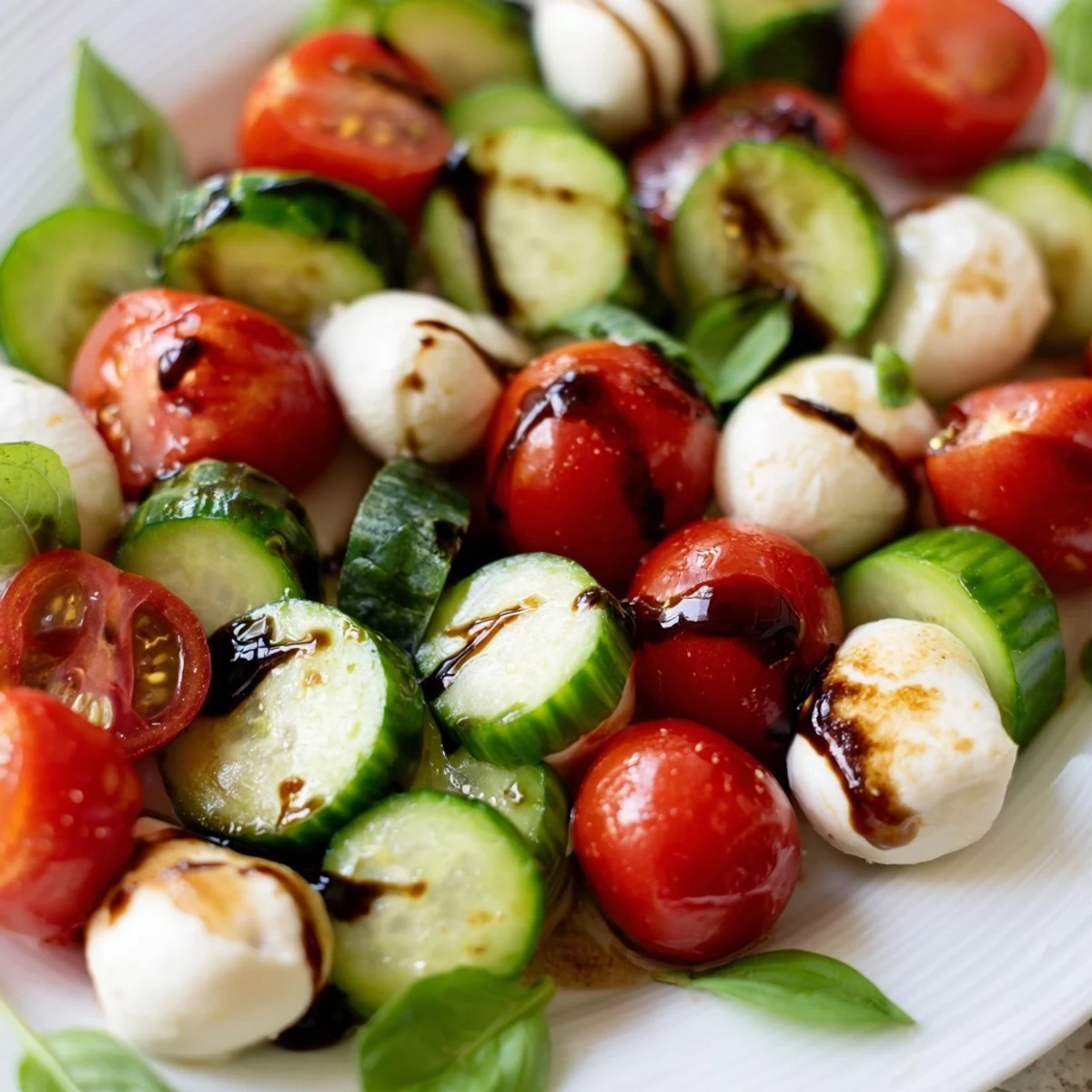 Fresh cucumber Caprese salad with cherry tomatoes, mozzarella balls, and basil in balsamic dressing