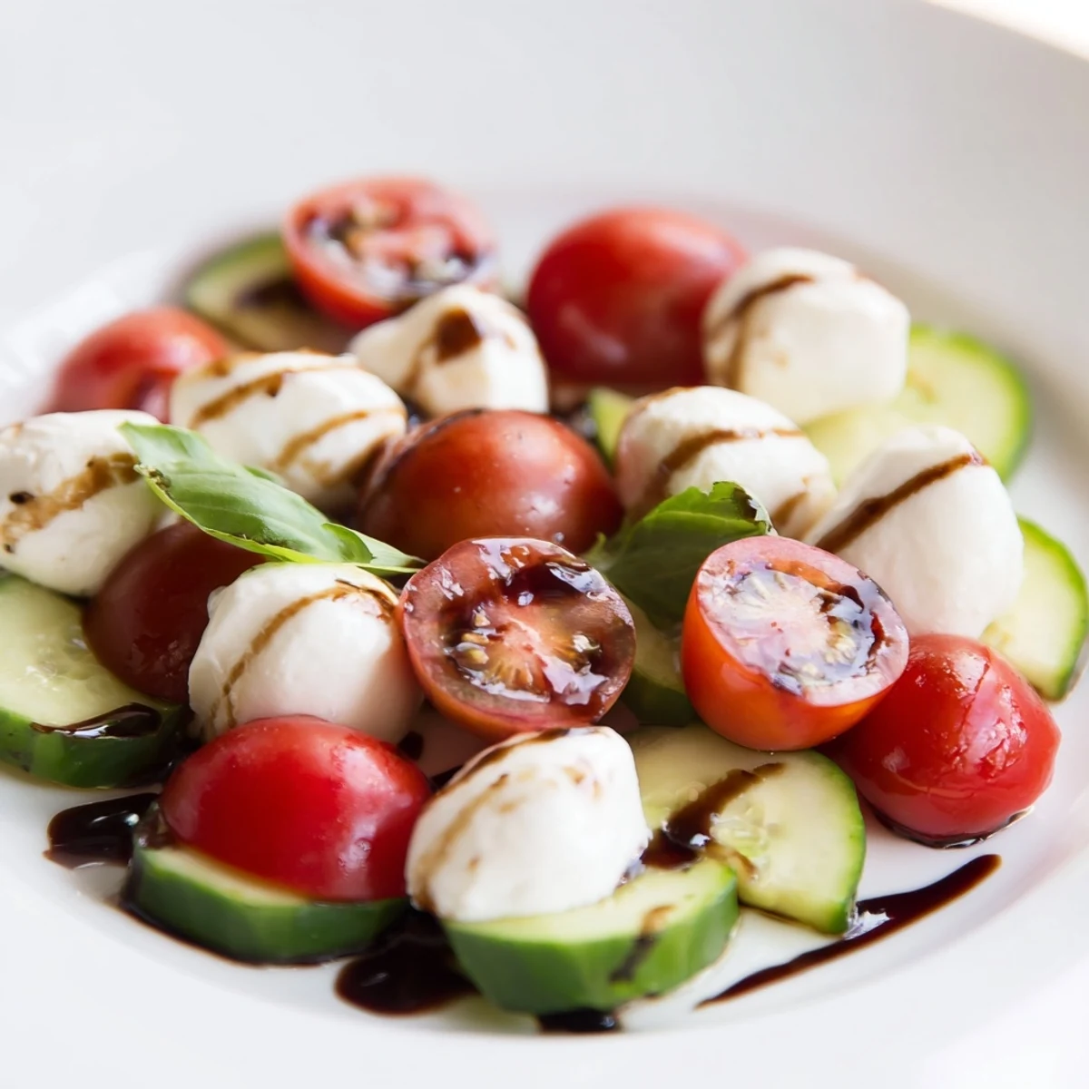 Colorful bowl of sliced cucumbers, halved tomatoes, and creamy mozzarella drizzled with tangy balsamic glaze
