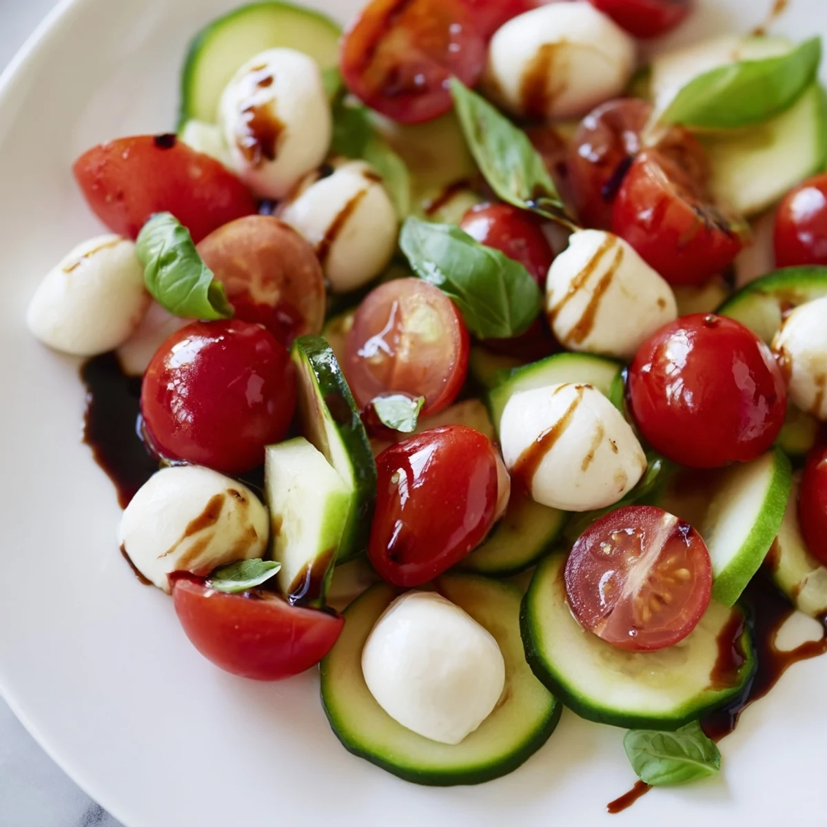 Vibrant Italian-inspired salad featuring crisp cucumbers, ripe tomatoes, and fresh basil tossed in olive oil