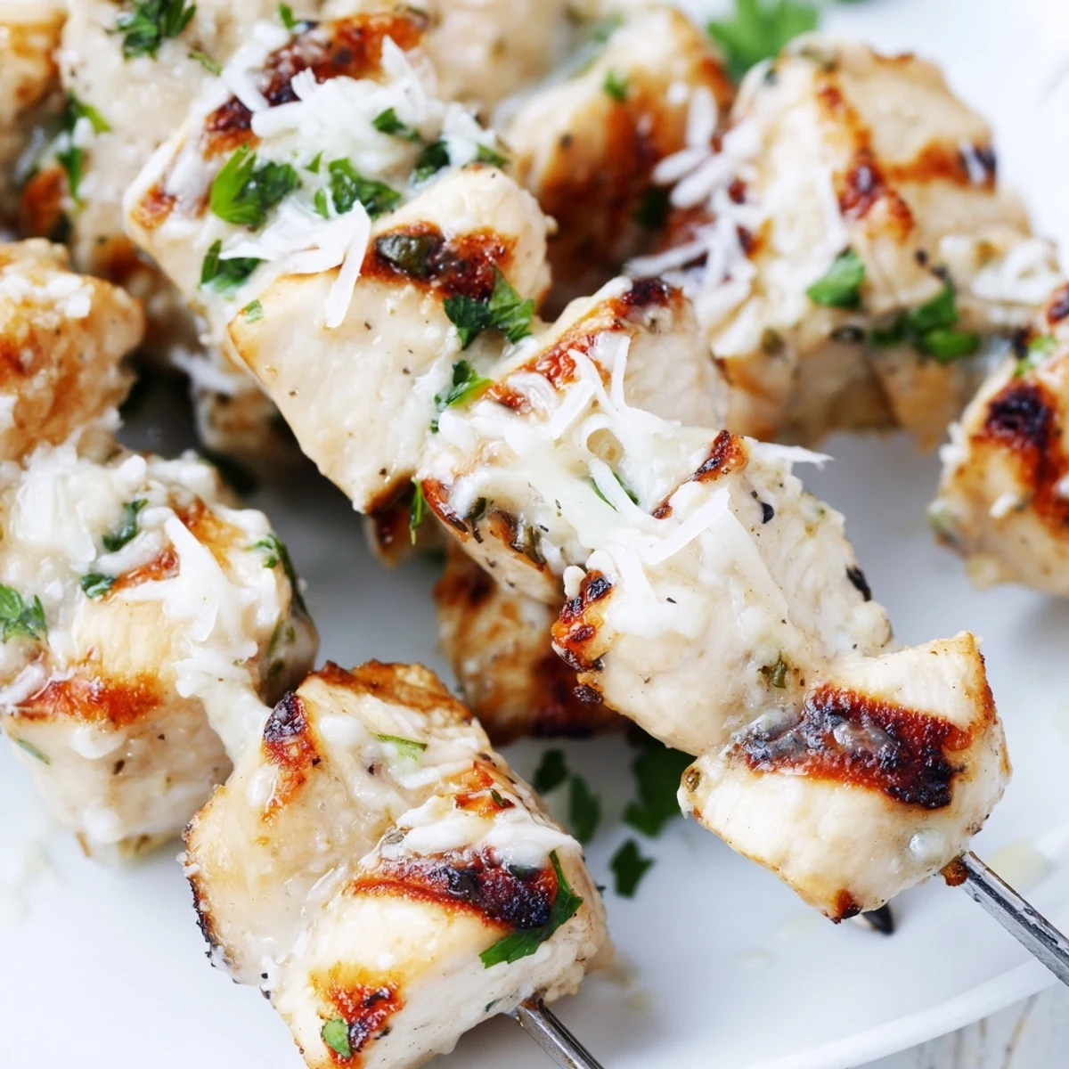 Juicy grilled Ranch Garlic Parmesan chicken skewers garnished with fresh parsley on a wooden board