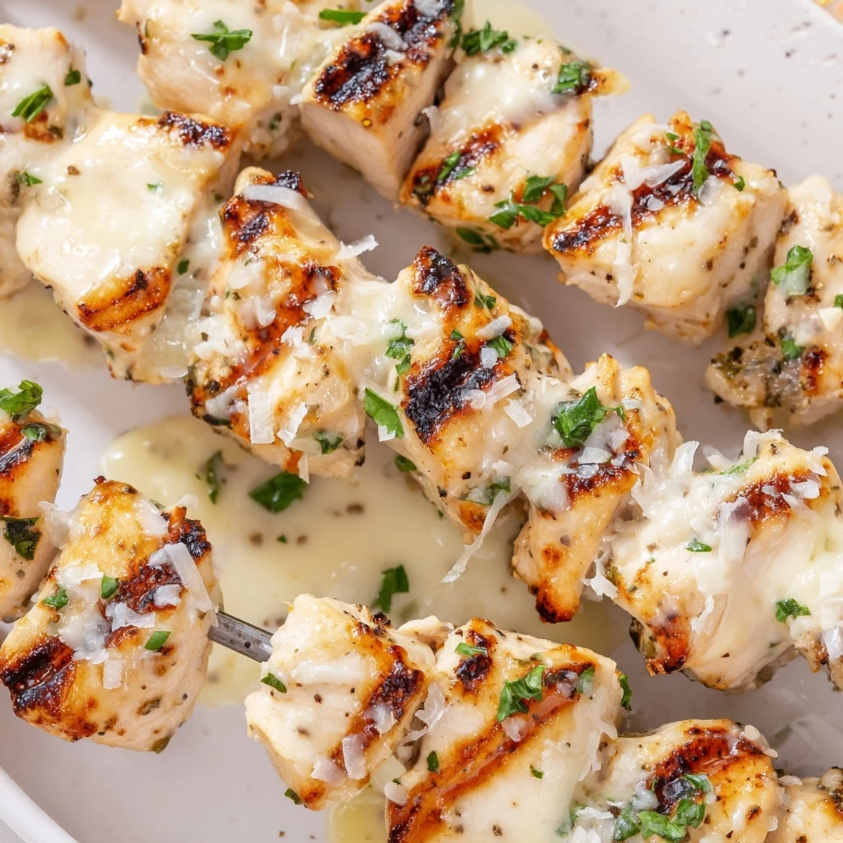 Tender chicken cubes threaded on skewers coated in zesty ranch garlic parmesan crust