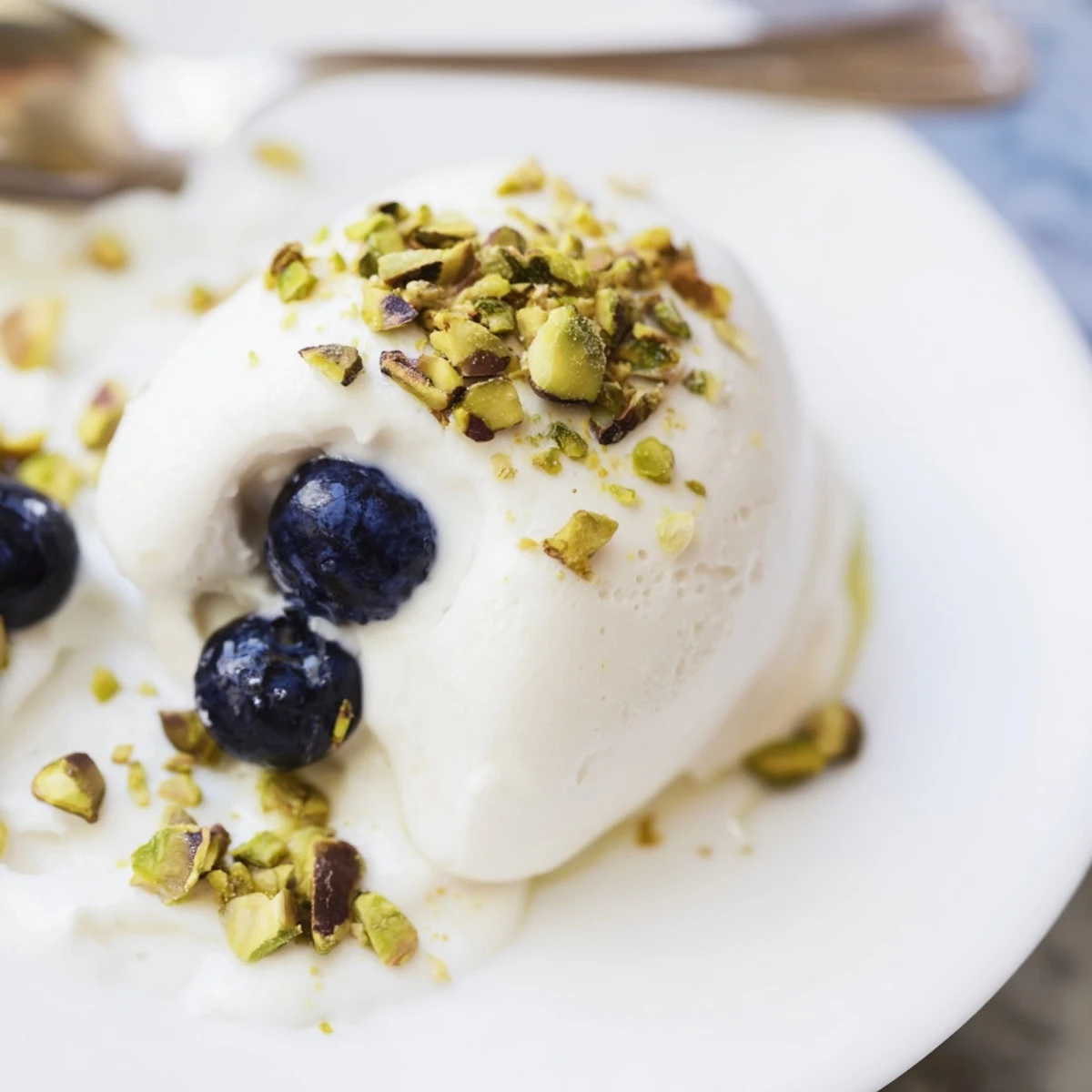 Frozen Greek yogurt bites arranged in rows topped with plump fresh blueberries