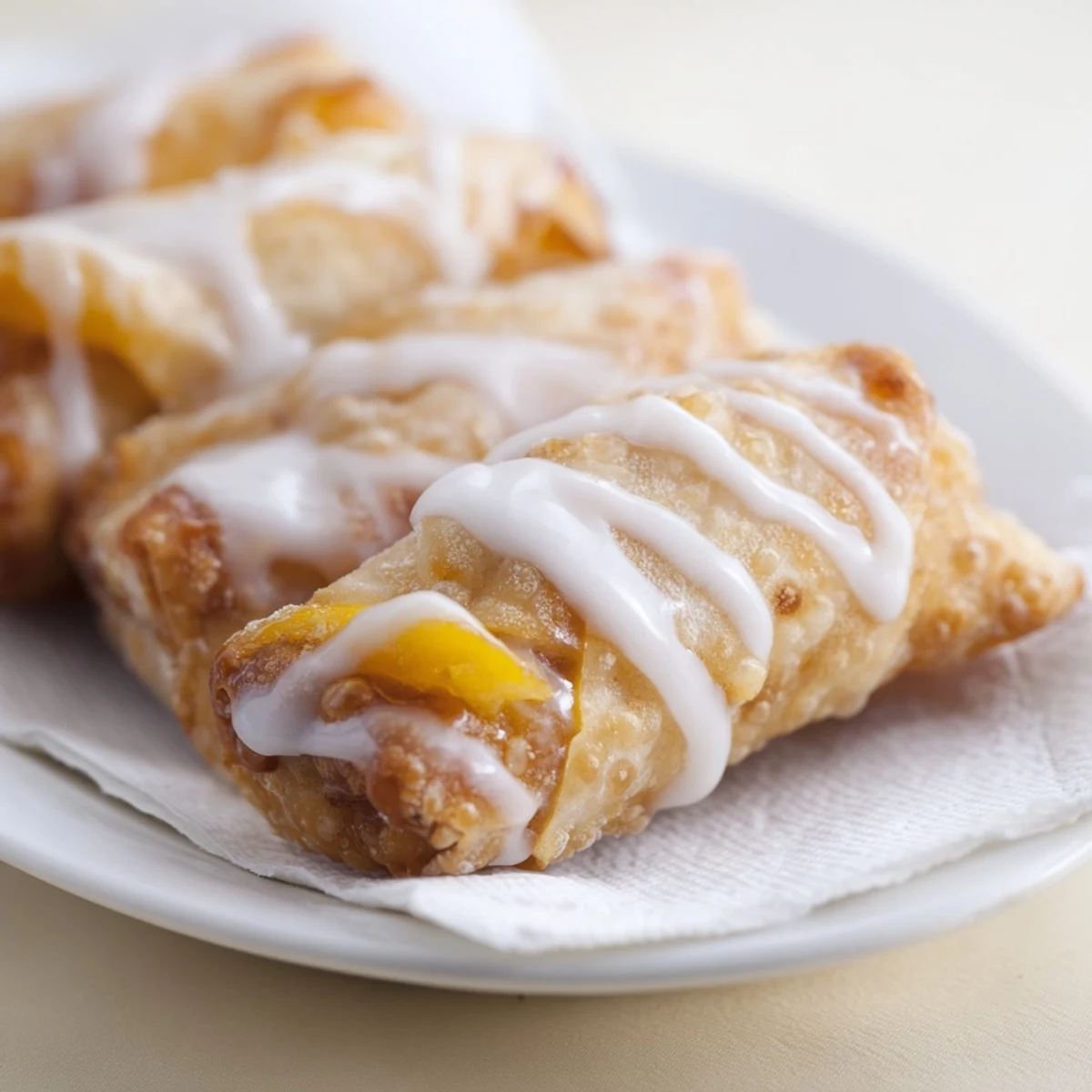 Golden brown peach cobbler egg rolls drizzled with white vanilla glaze on a white plate