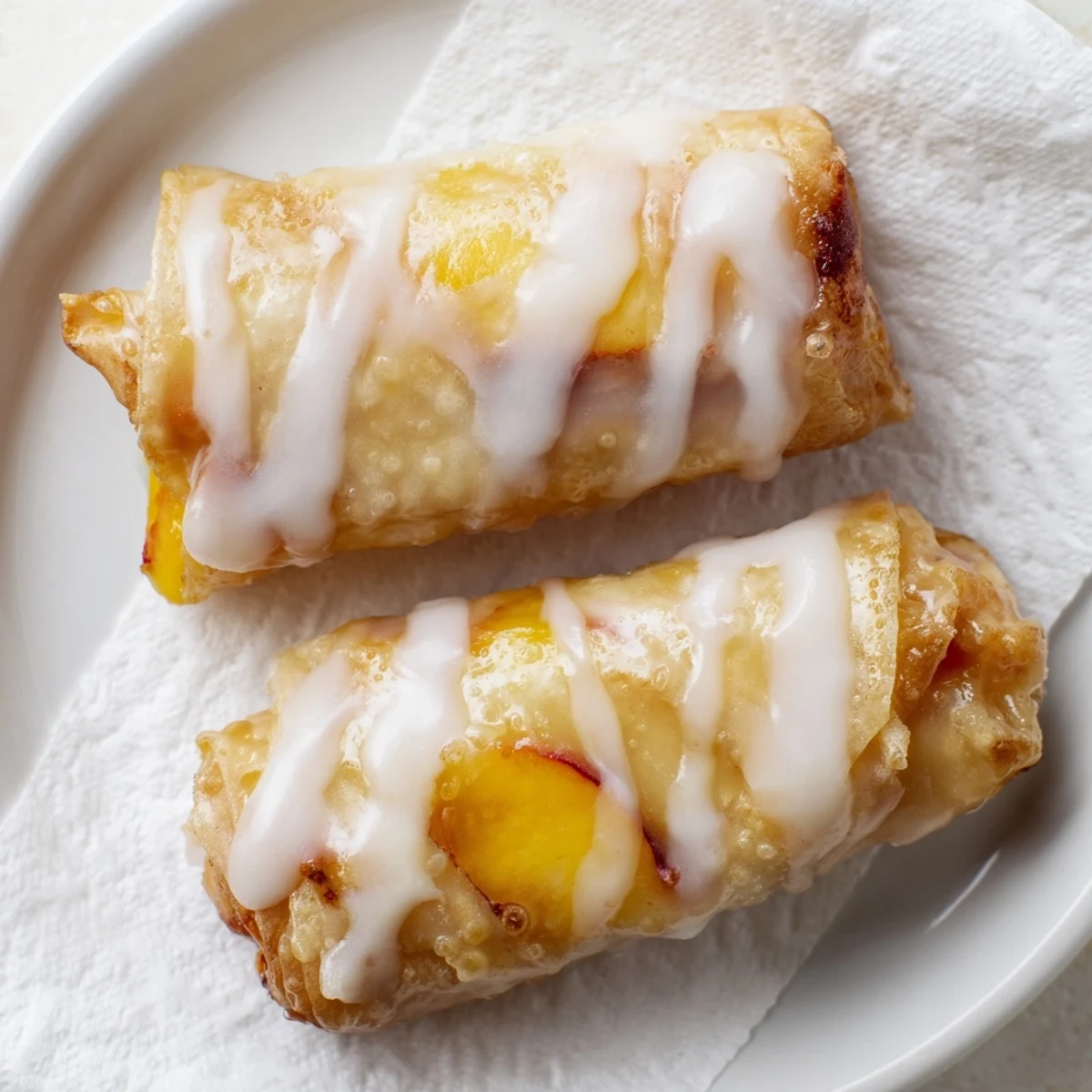 Crispy fried egg rolls filled with warm spiced peach filling and topped with sweet vanilla icing