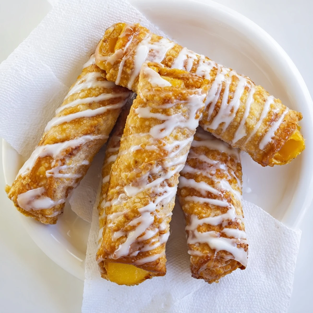 Handheld peach cobbler egg rolls with cinnamon peach filling and powdered sugar glaze close up