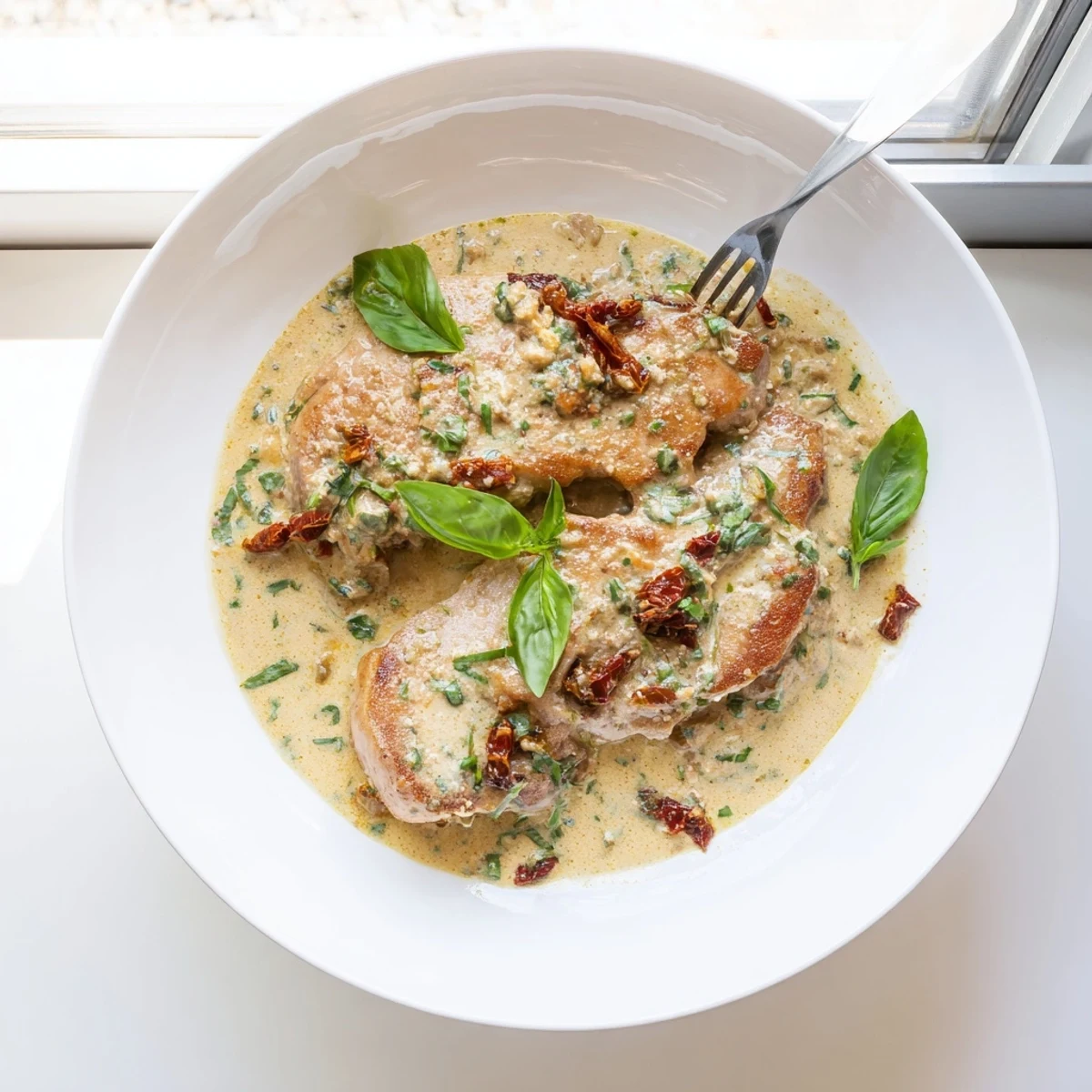 Golden seared Marry Me Pork Chops resting in rich parmesan sun-dried tomato cream sauce