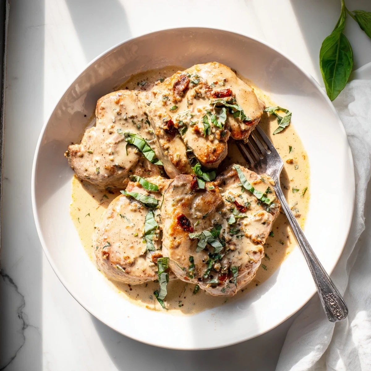 Tender boneless Marry Me Pork Chops served with fresh basil garnish over white platter