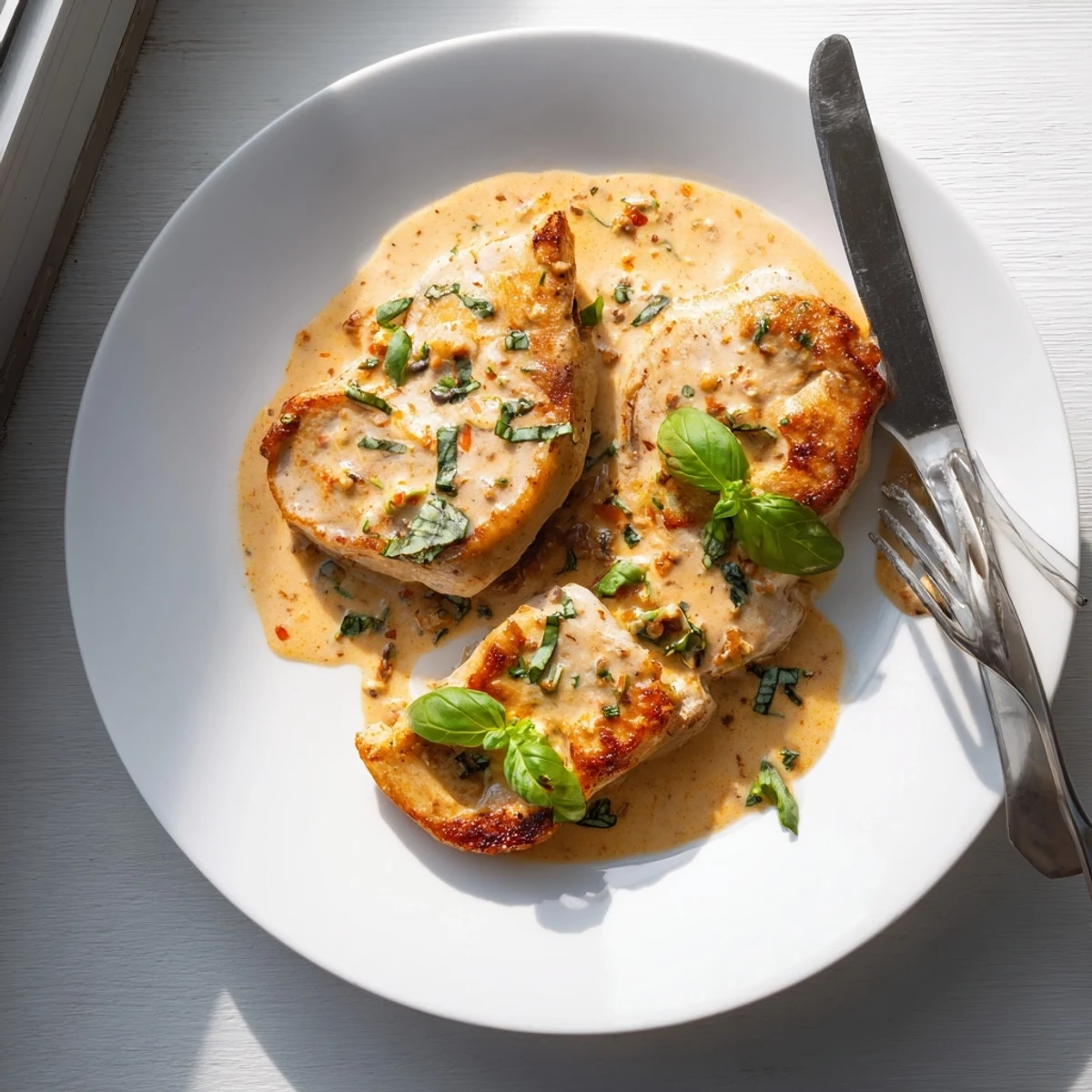 Creamy sun-dried tomato and parmesan glazed Marry Me Pork Chops plated for dinner