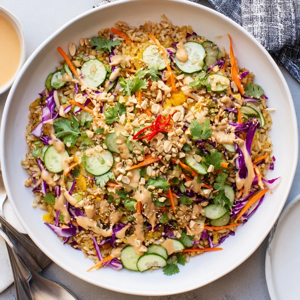 Colorful crispy rice salad bowl featuring crunchy jasmine rice cubes tossed with fresh vegetables in a glossy peanut sesame dressing, garnished with toasted sesame seeds and sliced red chilies