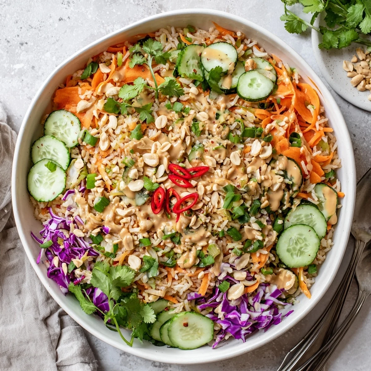 Vibrant Asian-inspired salad with crispy golden rice, purple cabbage, cucumber ribbons, and scallions coated in smooth peanut sauce and sprinkled with chopped peanuts
